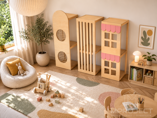 Holz-Indoor-Spielplatz ARMADILLO – drei C-Module, Anordnung im Kinderzimmer