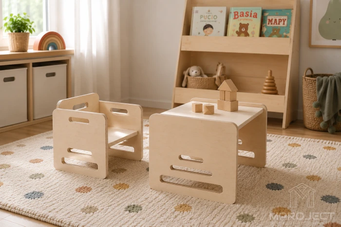 Kinderschreibtisch aus Holz im Montessori-Stil