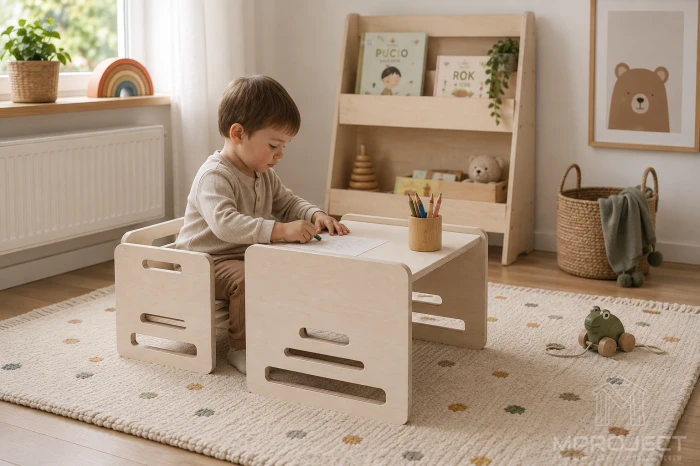 Kinderschreibtisch aus Holz im Montessori-Stil
